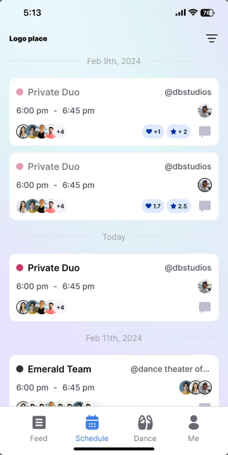 Studioly app for your Team: schedule of Sessions