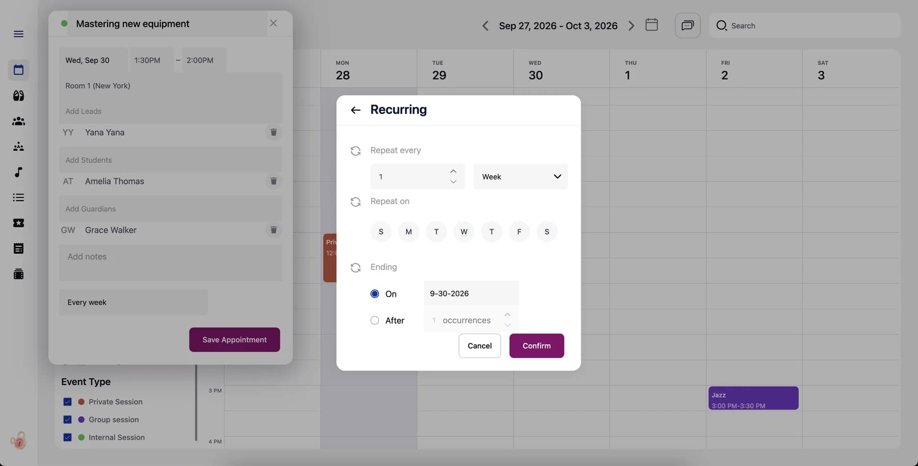 Studioly calendar showing Private, Group and Internal Sessions