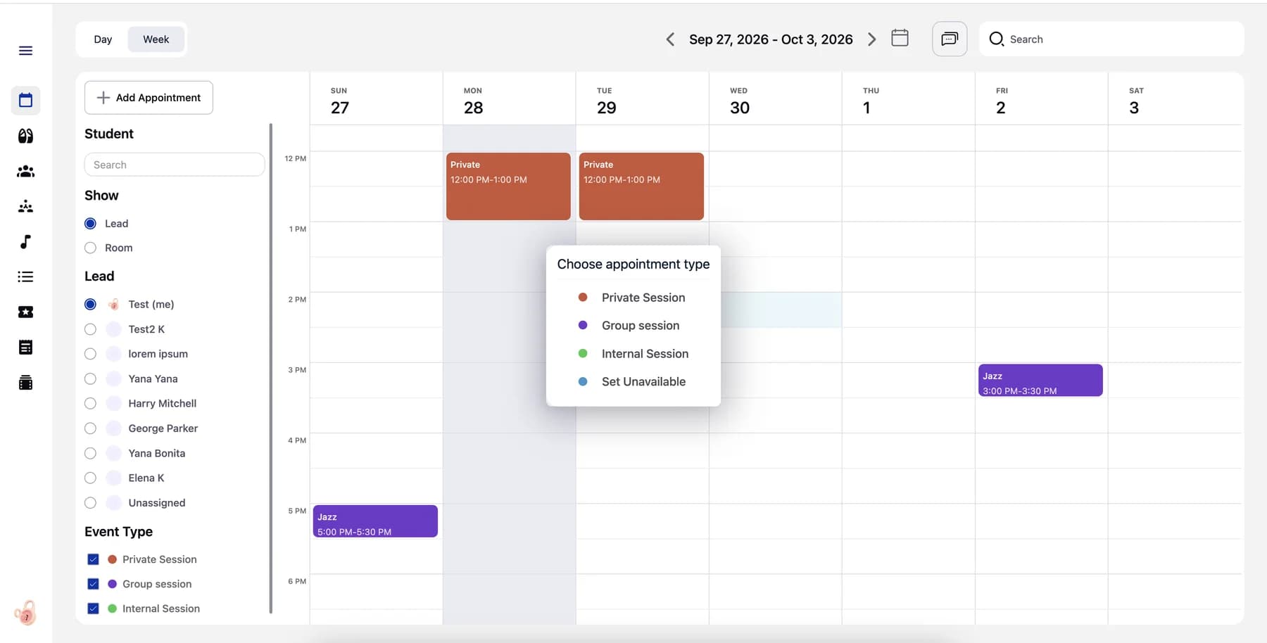 Studioly Studio Portal weekly calendar with Private and Group Sessions and the appointment type menu