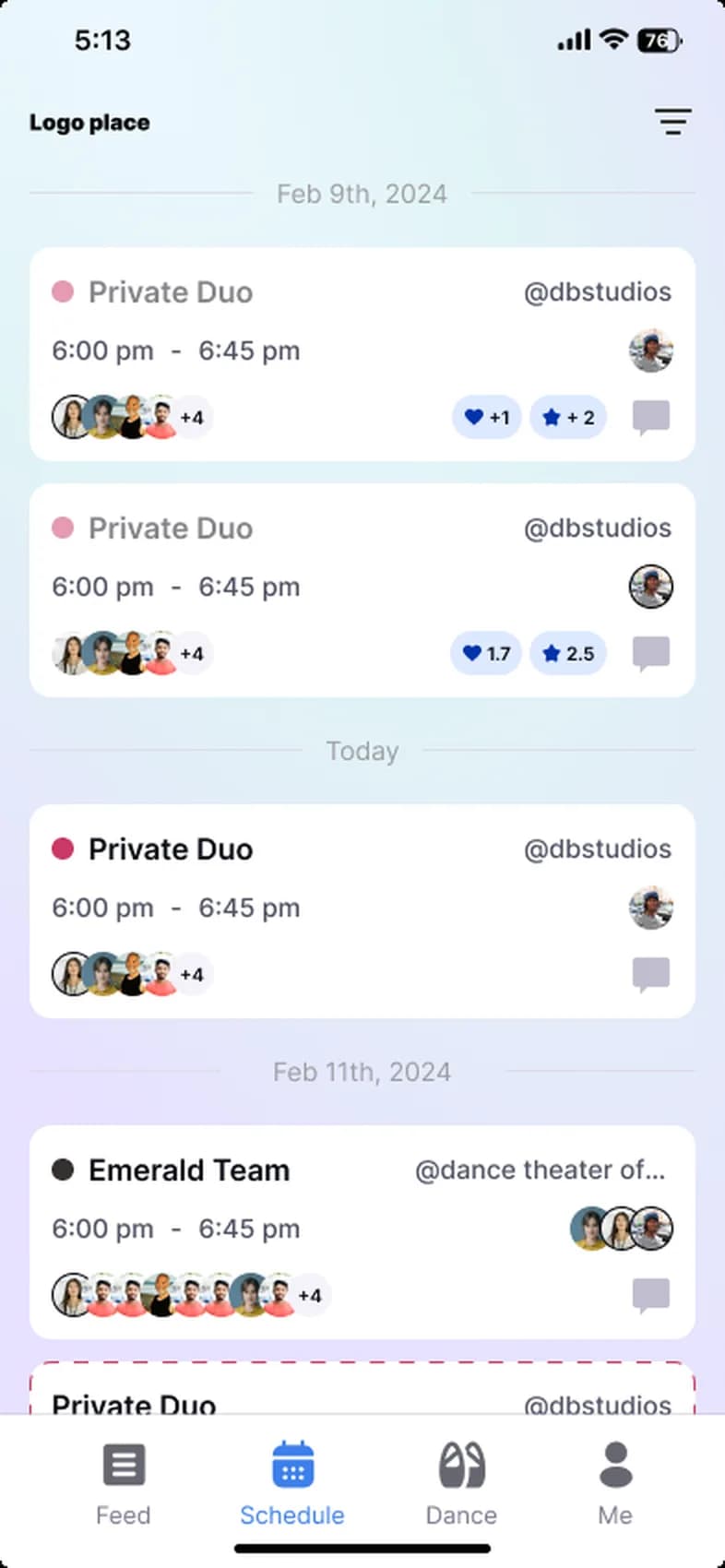 Studioly mobile app schedule of upcoming Sessions