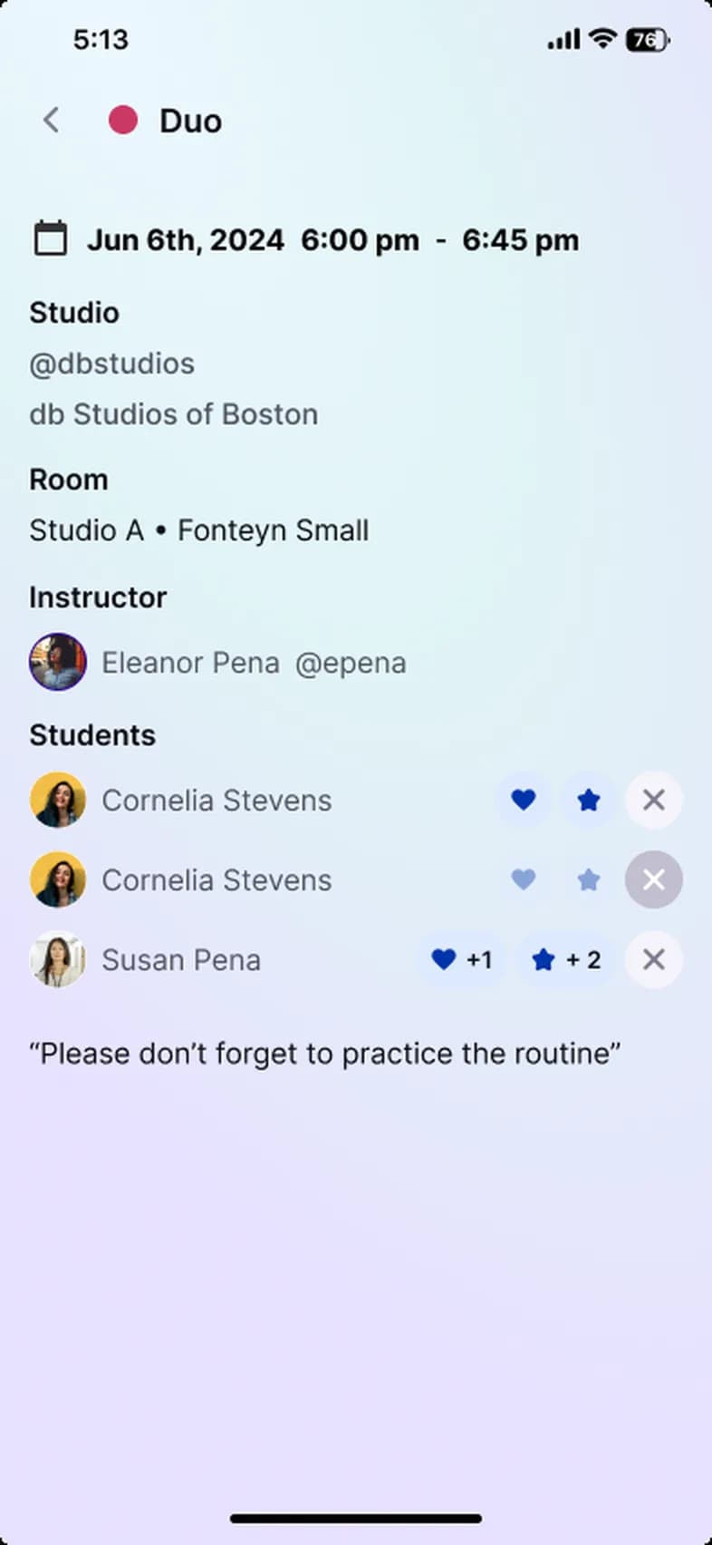 Studioly mobile app Session details with instructor and students
