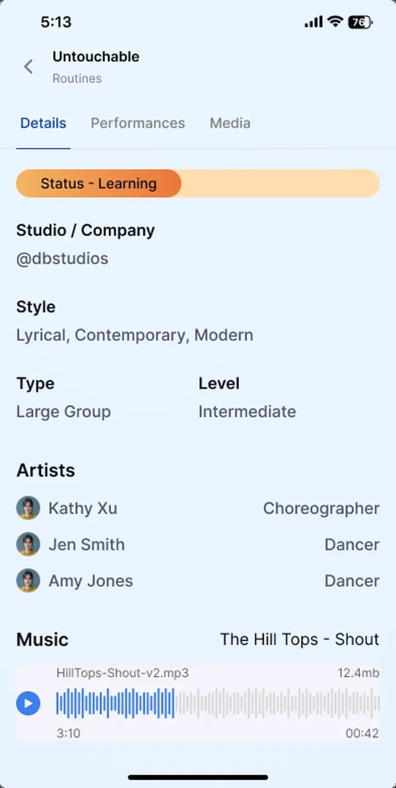 Studioly app for Students: progress details