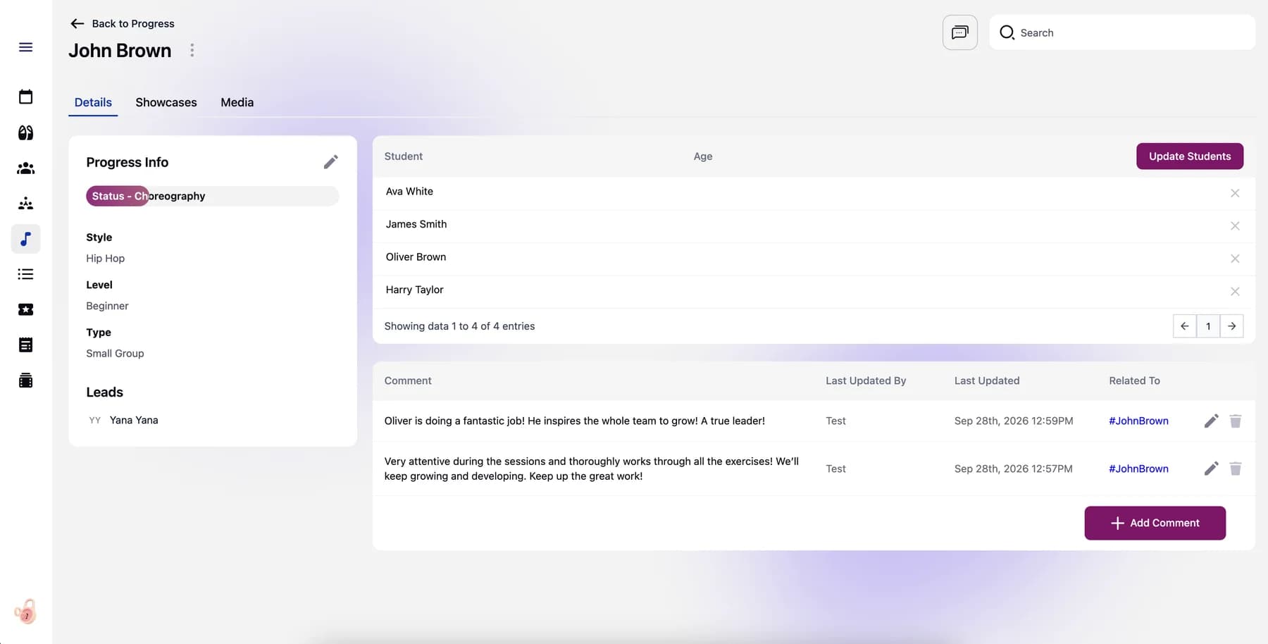 Studioly Progress details: status, style, level, students and comments