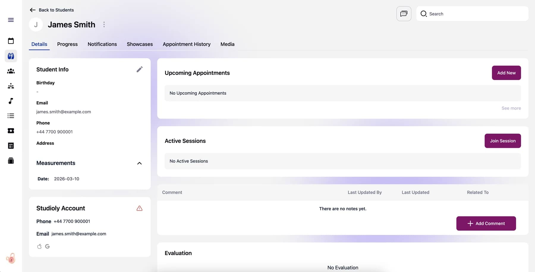 Studioly Student profile with details, upcoming appointments, active sessions, comments and evaluation